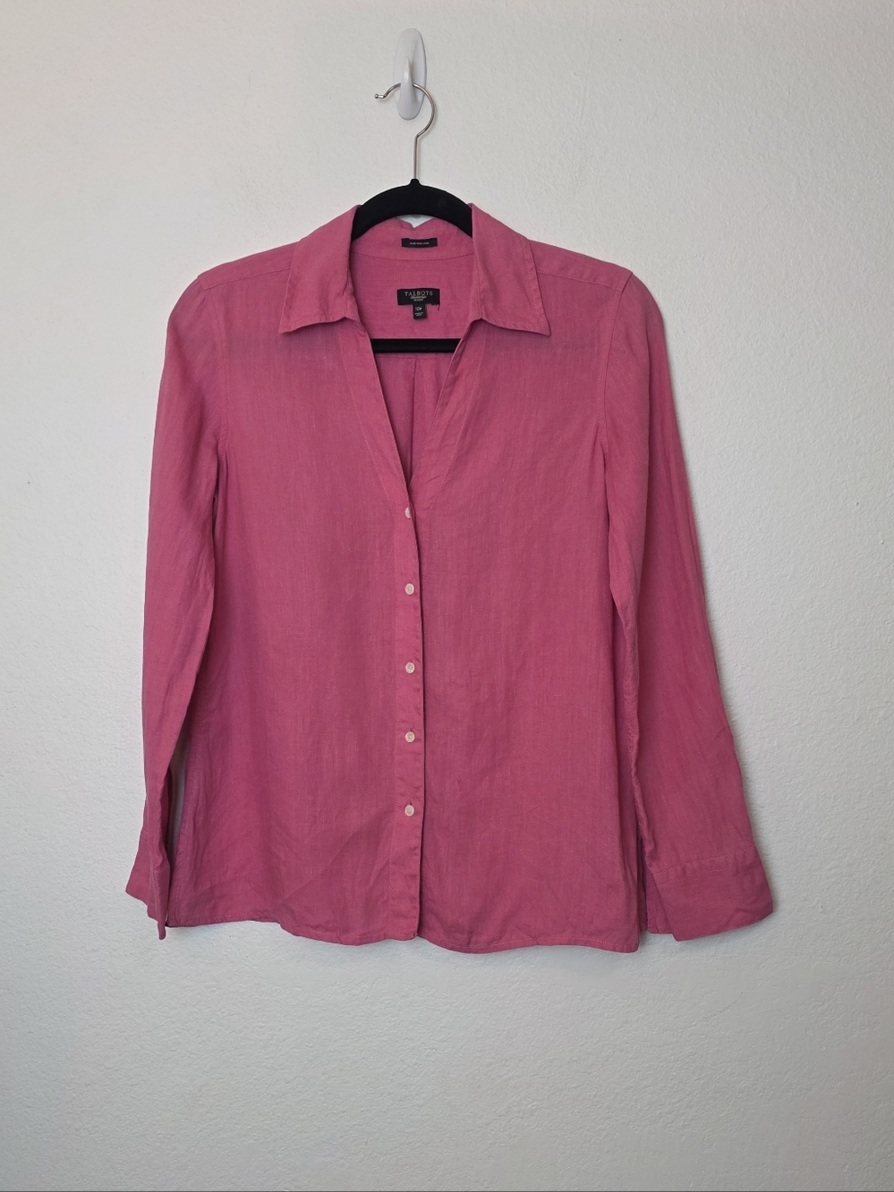 TALBOTS Pink Irish Linen Button Down Shirt Summer Coastal Size 10P PETITE